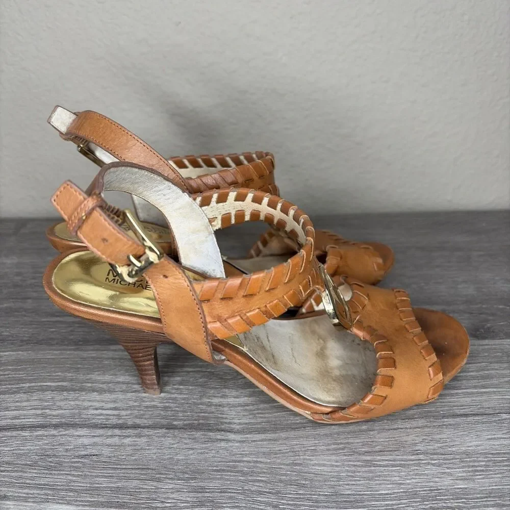 MICHAEL KORS Kalle T Strap Womens Brown Leather Heels Sandals 6.5 Whip Stitch